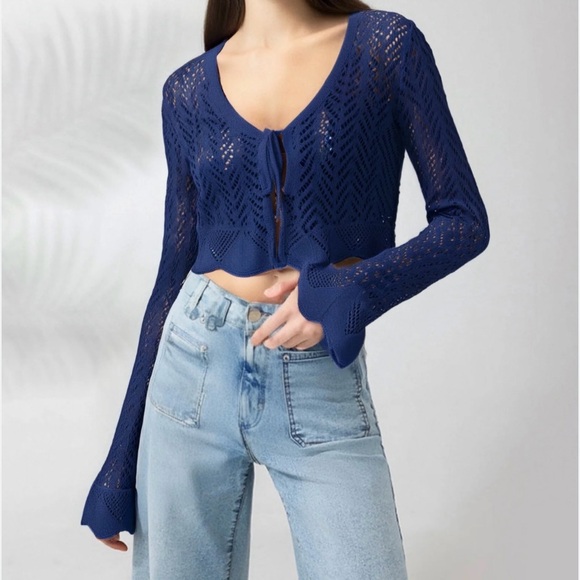 🟠NWT FRYE Pointelle Tie Crochet Long Sleeve Cardigan in Nightfall Navy